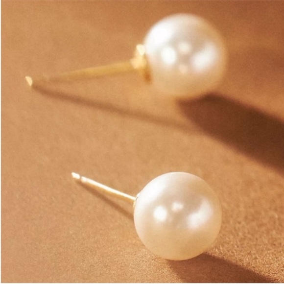 Anthropologie Jewelry - White Pearl Gold Stud Earrings Round Ball Studs